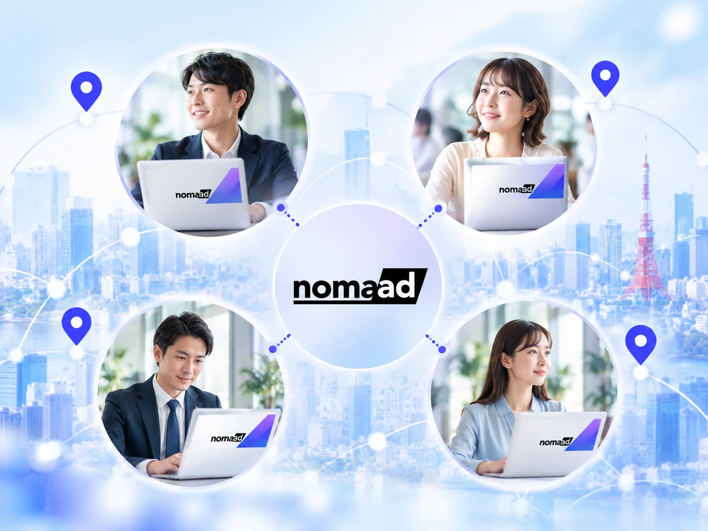 4人のノートPC利用者がnomaadを中心につながる広告ネットワークのイメージ