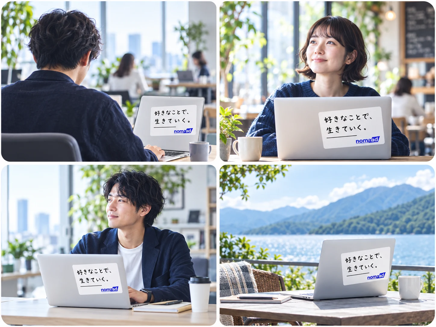ノートPCの広告ステッカーを使う男性と、旅先に置いた広告付きノートPCの二場面